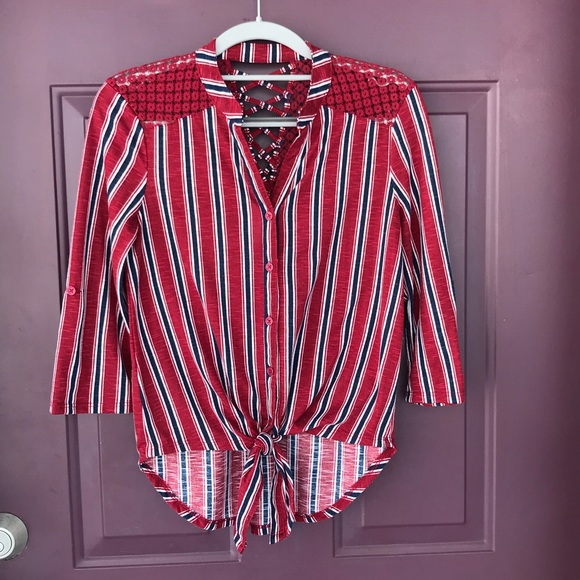 Red & Navy Striped Button Down Tie Front Too XS - Picture 16 of 16